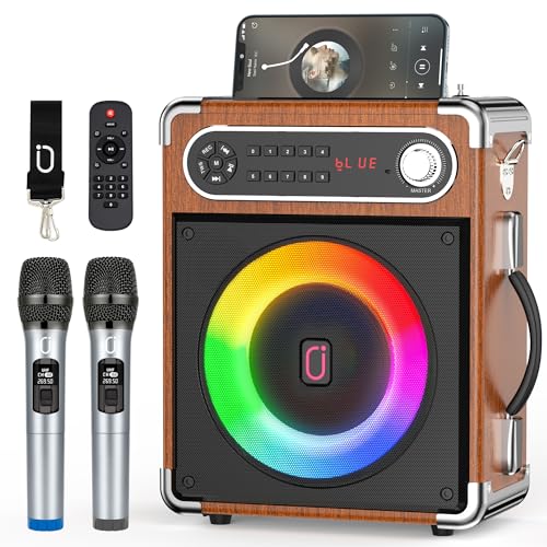 JYX Karaoke Anlage mit 2 drahtlosen Mikrofonens, Tragbares PA-System Karaoke Lautsprecher Höhen/Bass und LED-Licht, Unterstützt TWS, USB/TF/FM-Radio, Rec, Versorgung für Party,Draußen,Drinnen von JYX