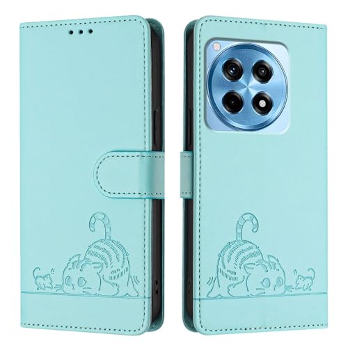 JZ 12R / Ace 3 Kunstleder Flip Cover Geldbörse Fall [Lazy Cat][Wrist & Neck Strap][Card Holder][Kickstand] Für OnePlus 12R / Ace 3 Case - Mint Green von JZ
