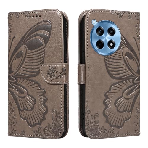JZ 12R / Ace 3 Swallowtail Kunstleder Flip Cover Geldbörse Fall [Wrist Strap][Kartenhalter][Kickstand] Für OnePlus 12R / Ace 3 Case - Gray von JZ
