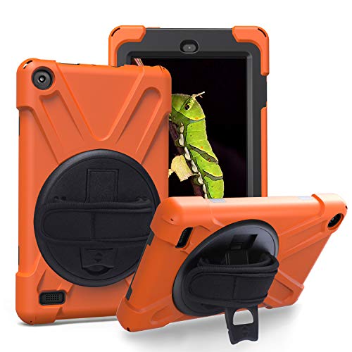 JZ 360 Degrees Kickstand Hülle Cover Compatible with Amazon Fire 7 (2017/2019) Stand Hülle with Wrist Strap and Shoulder Strap - Orange von JZ
