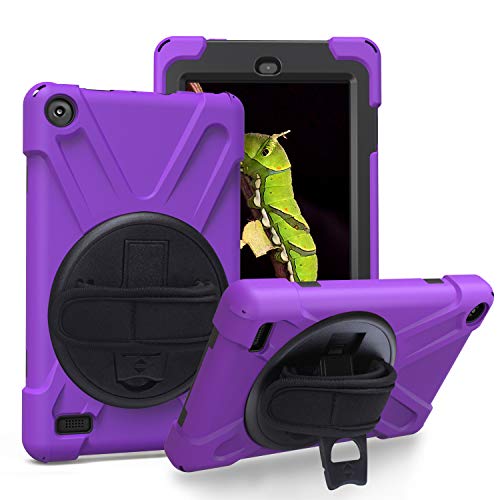 JZ 360 Degrees Kickstand Hülle Cover Compatible with Amazon Fire 7 (2017/2019) Stand Hülle with Wrist Strap and Shoulder Strap - Purple von JZ