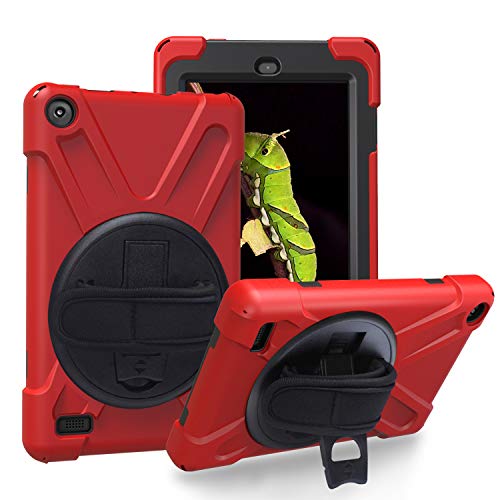 JZ 360 Degrees Kickstand Hülle Cover Compatible with Amazon Fire 7 (2017/2019) Stand Hülle with Wrist Strap and Shoulder Strap - Red von JZ