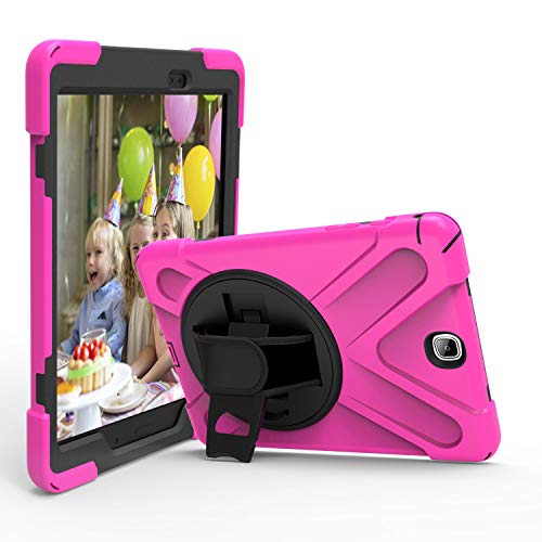 JZ 360 Degrees Kickstand Hülle Cover Compatible with Galaxy Tab A 9.7 2015 (SM-T550) Stand Hülle with Wrist Strap and Shoulder Strap - Hot Pink von JZ