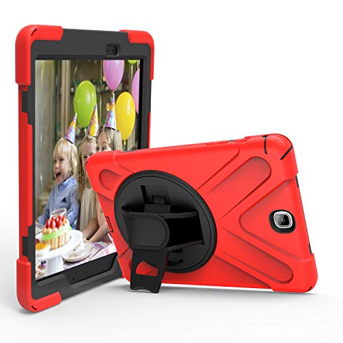 JZ 360 Degrees Kickstand Hülle Cover Compatible with Galaxy Tab A 9.7 2015 (SM-T550) Stand Hülle with Wrist Strap and Shoulder Strap - Red von JZ