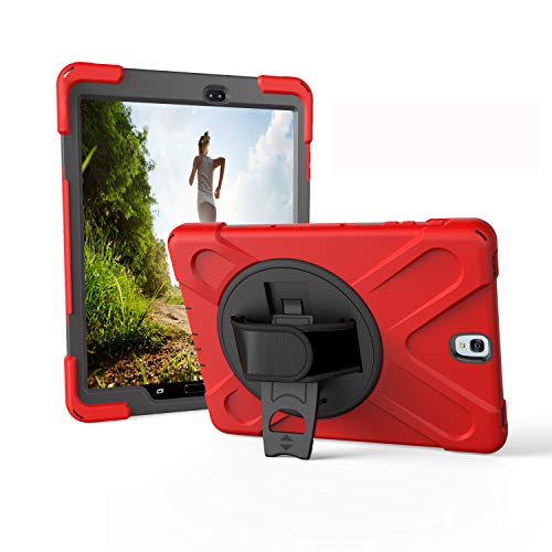 JZ 360 Degrees Kickstand Hülle Cover Compatible with Galaxy Tab S3 9.7 (SM-T820,T825,T827) Stand Hülle with Wrist Strap and Shoulder Strap - Red von JZ