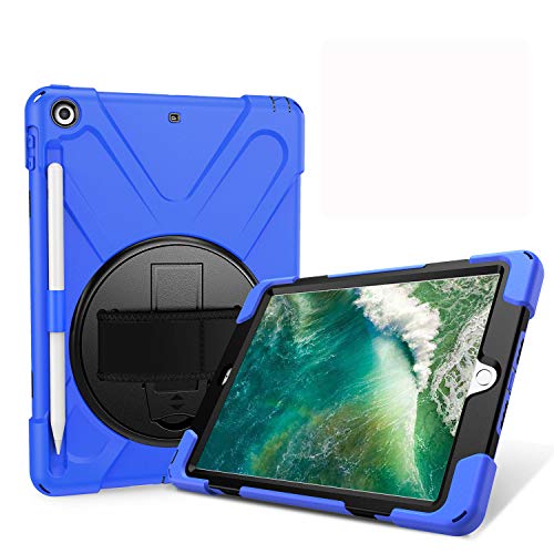 JZ 360 Degrees Kickstand Hülle Cover Compatible with New for 9.7 inch (2017/2018) Stand Hülle with Wrist Strap,Shoulder Strap and Pencil Holder - Blue von JZ