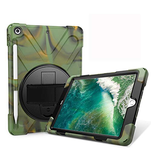 JZ 360 Degrees Kickstand Hülle Cover Compatible with New for 9.7 inch (2017/2018) Stand Hülle with Wrist Strap,Shoulder Strap and Pencil Holder - Camouflage von JZ