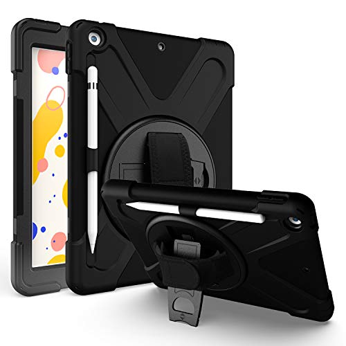 JZ 360 Degrees Kickstand Hülle Cover Compatible with New iPad 10.2 inch (2019/2020) Stand Hülle with Wrist Strap,Shoulder Strap and Pencil Holder - Black von JZ