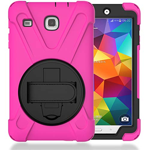 JZ 360 Degrees Kickstand Hülle Cover Compatible with Samsung Galaxy Tab E 8.0 2016 (SM-T377,T375) Stand Hülle with Wrist Strap and Shoulder Strap - Hot Pink von JZ