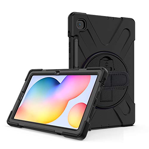 JZ 360 Degrees Kickstand Hülle Cover Compatible with Samsung Galaxy Tab S6 Lite 10.4 2020 (SM-P610/P615) Stand Hülle with Wrist Strap,Shoulder Strap and Pencil Holder - Black von JZ