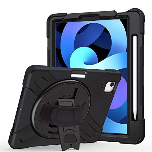 JZ 360 Degrees Kickstand Hülle Cover Compatible with iPad Air 4 (2020) / iPad Pro 11 inch (2018,2020) Stand Hülle with Wrist Strap,Shoulder Strap and Pencil Holder - Black von JZ