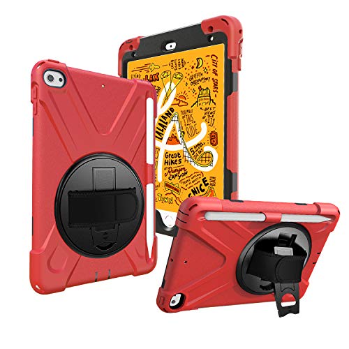 JZ 360 Degrees Kickstand Hülle Cover Compatible with iPad Mini 4/5 Stand Hülle with Wrist Strap,Shoulder Strap and Pencil Holder - Red von JZ