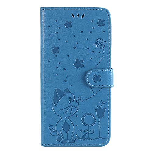 JZ [3D Cat & Bee Hülle for Für Samsung Galaxy A21 Protective Phone Wallet Flip Cover Hülle [Magnetic & Wrist Strap] - Blue von JZ