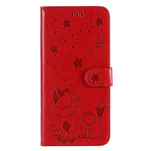 JZ [3D Cat & Bee Hülle for Für Xiaomi Mi 10 Lite 5G Protective Phone Wallet Flip Cover Hülle [Magnetic & Wrist Strap] - Red von JZ
