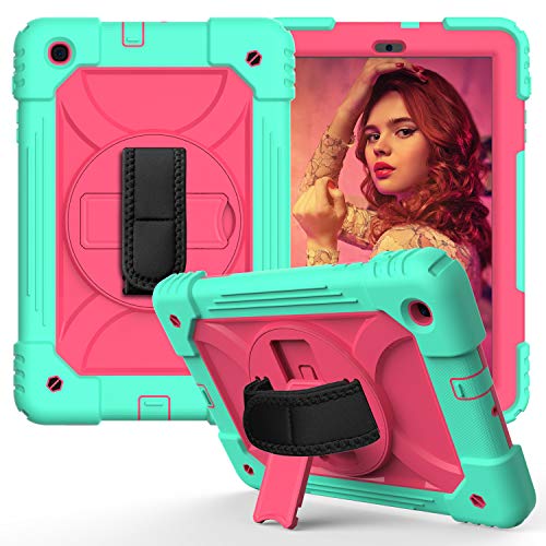 JZ Bicolor Rotating Bracket Hülle Compatible with Samsung Galaxy Tab A 10.1 2019 (SM-T510/T515) Stand Hülle with Wrist Strap and Shoulder Strap - Baby Green + Hot Pink von JZ