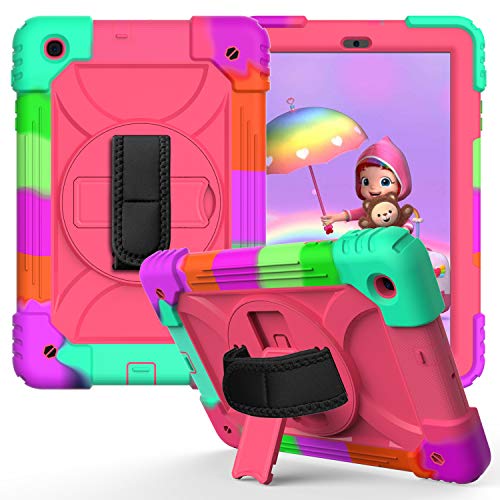 JZ Bicolor Rotating Bracket Hülle Compatible with Samsung Galaxy Tab A 10.1 2019 (SM-T510/T515) Stand Hülle with Wrist Strap and Shoulder Strap - Colour + Hot Pink von JZ