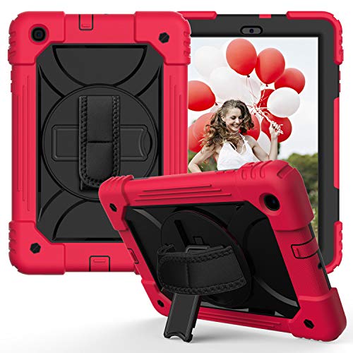 JZ Bicolor Rotating Bracket Hülle Compatible with Samsung Galaxy Tab A 10.1 2019 (SM-T510/T515) Stand Hülle with Wrist Strap and Shoulder Strap - Red + Black von JZ
