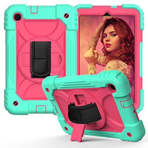 JZ Bicolor Rotating Bracket Hülle Compatible with Samsung Galaxy Tab A 8.4 2020 (SM-T307) Stand Hülle with Wrist Strap and Shoulder Strap - Baby Green + Hot Pink von JZ