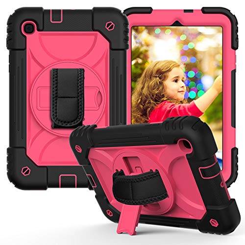 JZ Bicolor Rotating Bracket Hülle Compatible with Samsung Galaxy Tab A 8.4 2020 (SM-T307) Stand Hülle with Wrist Strap and Shoulder Strap - Black + Hot Pink von JZ