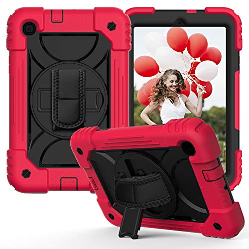 JZ Bicolor Rotating Bracket Hülle Compatible with Samsung Galaxy Tab A 8.4 2020 (SM-T307) Stand Hülle with Wrist Strap and Shoulder Strap - Red + Black von JZ