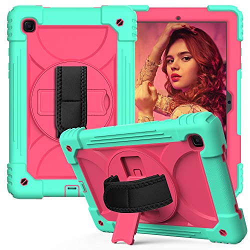 JZ Bicolor Rotating Bracket Hülle Compatible with Samsung Galaxy Tab A7 10.4 2020 (SM-T500/T505/T507) Stand Hülle with Wrist Strap and Shoulder Strap - Baby Green + Hot Pink von JZ