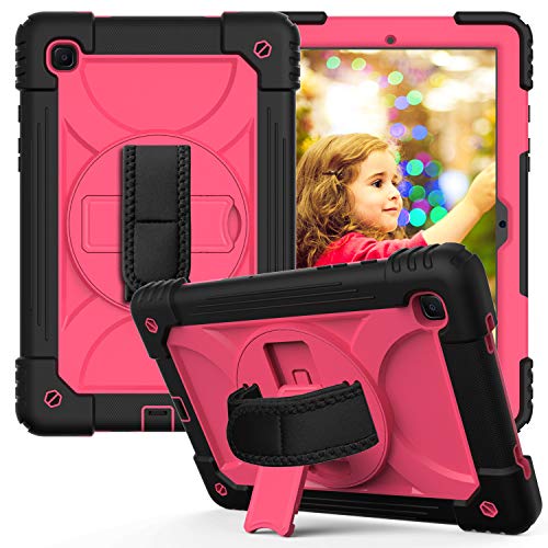 JZ Bicolor Rotating Bracket Hülle Compatible with Samsung Galaxy Tab A7 10.4 2020 (SM-T500/T505/T507) Stand Hülle with Wrist Strap and Shoulder Strap - Black + Hot Pink von JZ
