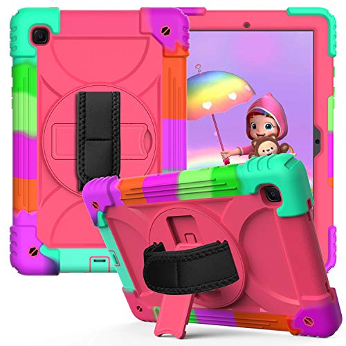 JZ Bicolor Rotating Bracket Hülle Compatible with Samsung Galaxy Tab A7 10.4 2020 (SM-T500/T505/T507) Stand Hülle with Wrist Strap and Shoulder Strap - Colour + Hot Pink von JZ