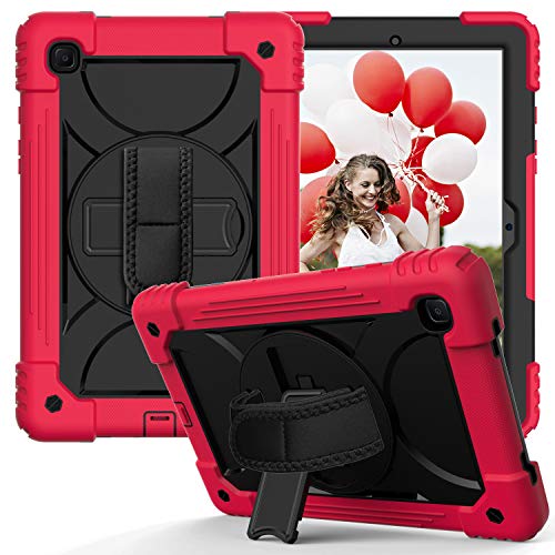 JZ Bicolor Rotating Bracket Hülle Compatible with Samsung Galaxy Tab A7 10.4 2020 (SM-T500/T505/T507) Stand Hülle with Wrist Strap and Shoulder Strap - Red + Black von JZ