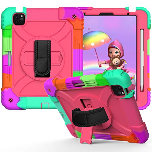 JZ Bicolor Rotating Bracket Hülle for Air 4 2020 Stand Hülle with Wrist Strap,Shoulder Strap and Pencil Holder - Colour + Hot Pink von JZ