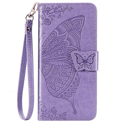 JZ Butterfly & Flower Hülle for Für Google Pixel 4a 4G Embossed Series Wallet Flip Cover with [Wrist Strap] - Light Purple von JZ