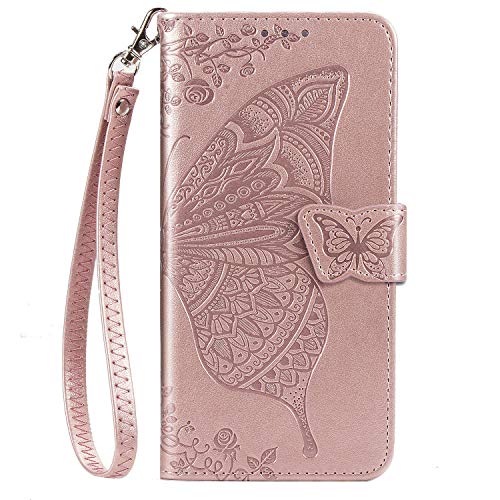 JZ Butterfly & Flower Hülle for Für Huawei P30 Embossed Series Wallet Flip Cover with [Wrist Strap] - Rose Gold von JZ