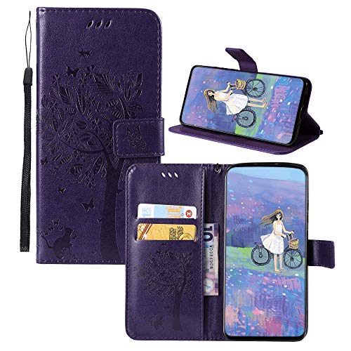 JZ [Cat & Tree Wallet Hülle for Für LG G8X ThinQ/G8X PU Leather Wallet Flip Cover - Dark Purple von JZ