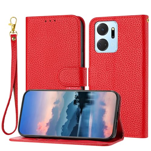 JZ [Einfarbig[Kickstand Flip][Handschlaufe][Kunstleder] - Geldbörse Fall für Huawei Honor X7a Phone case - Red von JZ