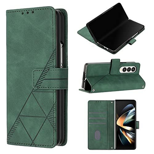 JZ Für Samsung Galaxy Z Fold 4 5G Case Premium Fold Wallet Cover Shockproof PU Leather Stand View Bookstyle Case Silicone Bumper Business + Free Long Strap -Grün von JZ
