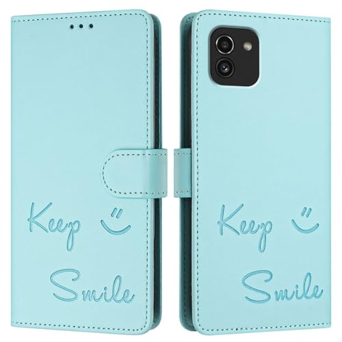JZ Galaxy A03 Fall Kunstleder Flip Cover Wallet [Keep Smile][Handgelenk-Nackenriemen][Kartenhalter] Für Samsung Galaxy A03 Fall - Mint Green von JZ
