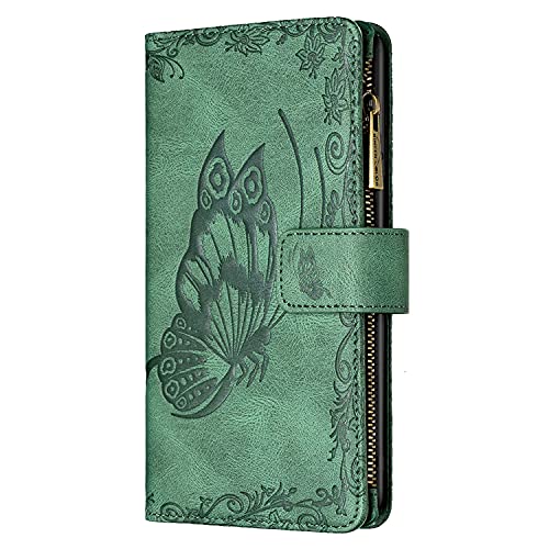 JZ Galaxy A51 4G Wallet Hülle,for Für Samsung Galaxy A51 4G Protective Flip Cover [9 Card Slot][Flying Butterfly][Zipper Pocket][Stand][Magnetic] - Green von JZ