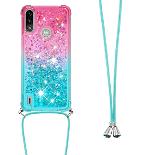 JZ Girls Silicone Protective Soft TPU Hülle Fall für Motorola Moto E7 Power,Bling Quicksand Glitter Liquid Cover Skin with Crossbody Necklace Cord Strap L003 von JZ