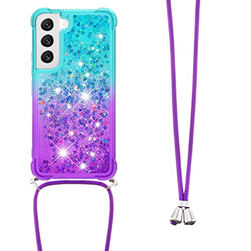 JZ Girls Silicone Protective Soft TPU Hülle Fall für Samsung Galaxy S21 FE,Bling Quicksand Glitter Liquid Cover Skin with Crossbody Necklace Cord Strap L001 von JZ