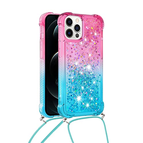 JZ Girls Silicone Protective Soft TPU Hülle Fall für iPhone 12 Mini（5.4 inch）,Bling Quicksand Glitter Liquid Cover Skin with Crossbody Necklace Cord Strap L003 von JZ