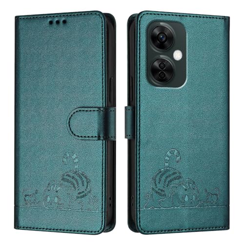 JZ Nord N30 5G / CE 3 Lite Kunstleder Flip Cover Geldbörse Fall [Lazy Cat][Wrist & Neck Strap][Card Holder][Kickstand] Für OnePlus Nord N30 5G / CE 3 Lite Case - Peacock Green von JZ