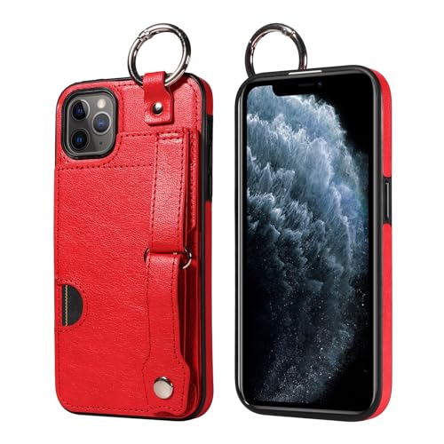 JZ PU Leather Protective Fall Kompatibel mit iPhone 11 - Premium Leather with Wristband Finger Holder Stand Kickstand Shockproof Card Slot Cover- Red von JZ