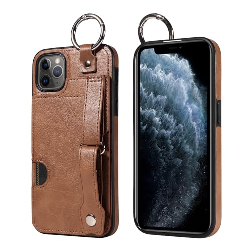 JZ PU Leather Protective Fall Kompatibel mit iPhone 11 Promax - Premium Leather with Wristband Finger Holder Stand Kickstand Shockproof Card Slot Cover- Brown von JZ