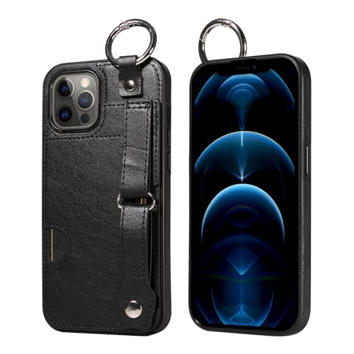 JZ PU Leather Protective Fall Kompatibel mit iPhone 12 Promax - Premium Leather with Wristband Finger Holder Stand Kickstand Shockproof Card Slot Cover- Black von JZ