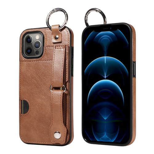 JZ PU Leather Protective Fall Kompatibel mit iPhone 12 Promax - Premium Leather with Wristband Finger Holder Stand Kickstand Shockproof Card Slot Cover- Brown von JZ
