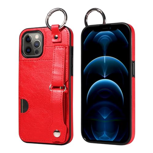 JZ PU Leather Protective Fall Kompatibel mit iPhone 12 Promax - Premium Leather with Wristband Finger Holder Stand Kickstand Shockproof Card Slot Cover- Red von JZ