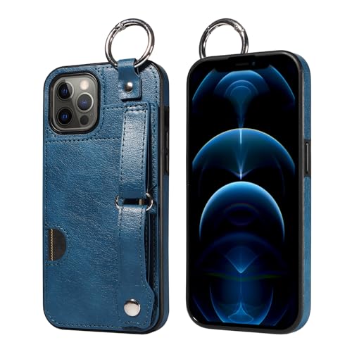 JZ PU Leather Protective Fall Kompatibel mit iPhone 13 Promax - Premium Leather with Wristband Finger Holder Stand Kickstand Shockproof Card Slot Cover- Blue von JZ