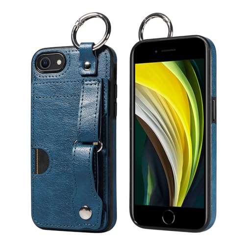 JZ PU Leather Protective Fall Kompatibel mit iPhone 7 /iPhone SE - Premium Leather with Wristband Finger Holder Stand Kickstand Shockproof Card Slot Cover for iPhone 8 ﻿- Blue von JZ