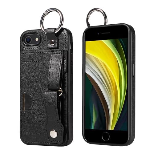 JZ PU Leather Protective Fall Kompatibel mit iPhone 7Plus /iPhone 8Plus - Premium Leather with Wristband Finger Holder Stand Kickstand Shockproof Card Slot Cover- Black von JZ