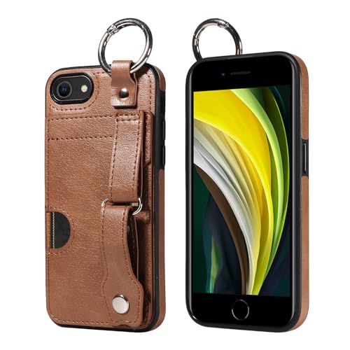 JZ PU Leather Protective Fall Kompatibel mit iPhone 7Plus /iPhone 8Plus - Premium Leather with Wristband Finger Holder Stand Kickstand Shockproof Card Slot Cover- Brown von JZ