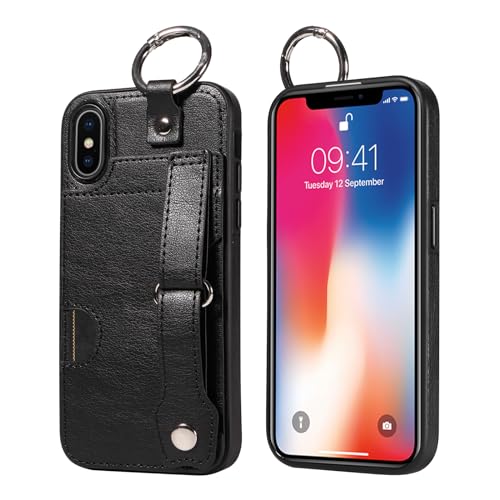 JZ PU Leather Protective Fall Kompatibel mit iPhone X/iPhone XS - Premium Leather with Wristband Finger Holder Stand Kickstand Shockproof Card Slot Cover- Black von JZ